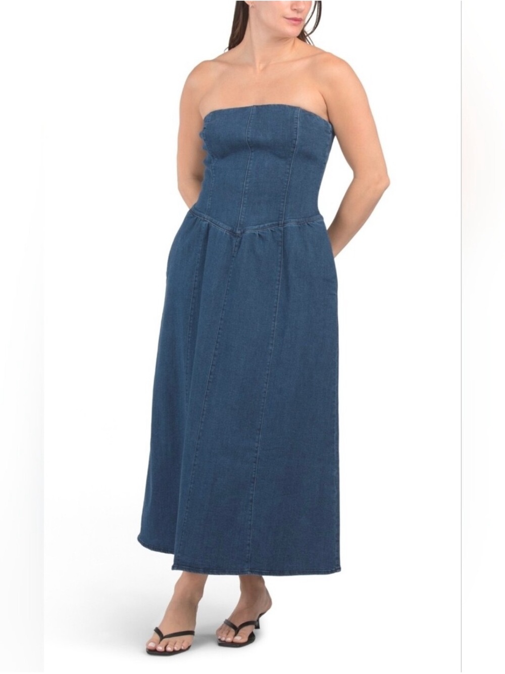 Camila Coelho / Strapless Denim Midi Dress in Blue 10